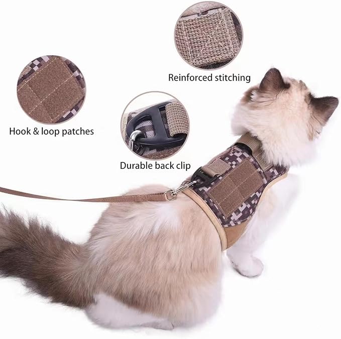 Tactical Cat Harness and Leash for Walking Escape Proof, Desert Camo, Large, Adjustable Cat Walking Jackets, Padded Stylish Cat Vest for Winter