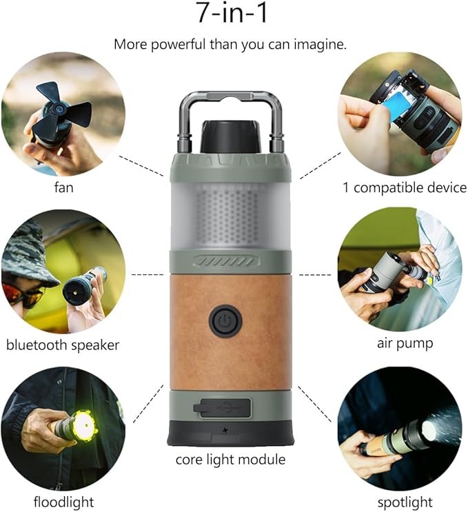 7-in-1 Modular Camping Lantern Rechargeable, 5000mAh, 500LM, IPX4 Waterproof, Fan, Bluetooth, Multi-Function Portable Flashlight, Camping Essentials Set for Emergency, Hiking, Fishing (Green)
