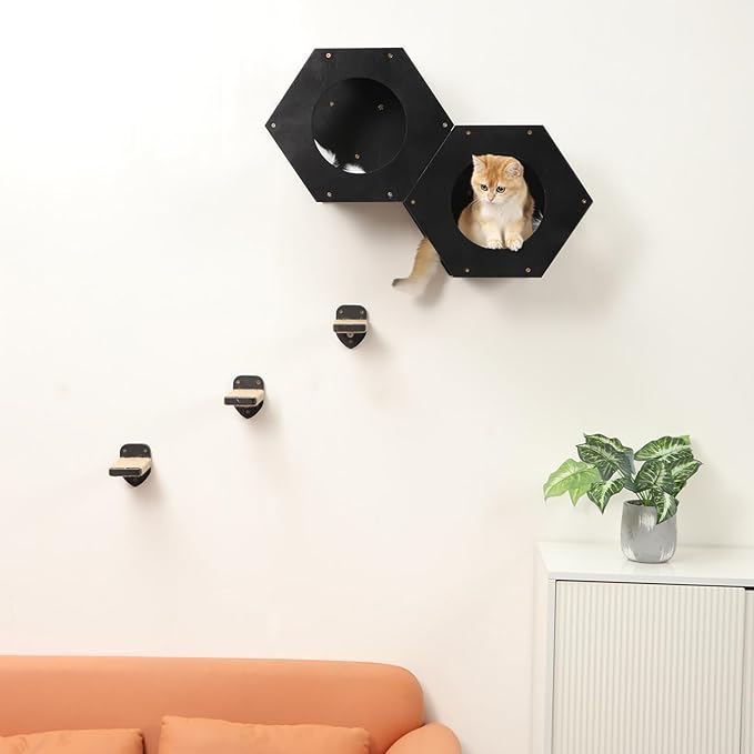 Cat Wall Shelves, Cat Shelves for Wall, Cat Wall Furniture, Cat Shelf with 3 Steps Scratcher Post, Cat Tree Hammock with Plush Wall Mounted, Climbing Shelf Wall Mount for Indoor Cats (Black)