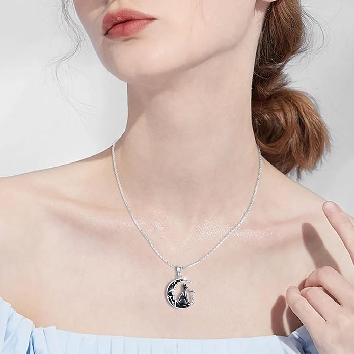 AUDINCCED Black Cat Necklace Turtle Necklace Gothic Jewelry Butterfly Necklace Cat Necklace 925 Sterling Silver Crescent Moon Necklace for Women Cat Gifts for Cat Lovers