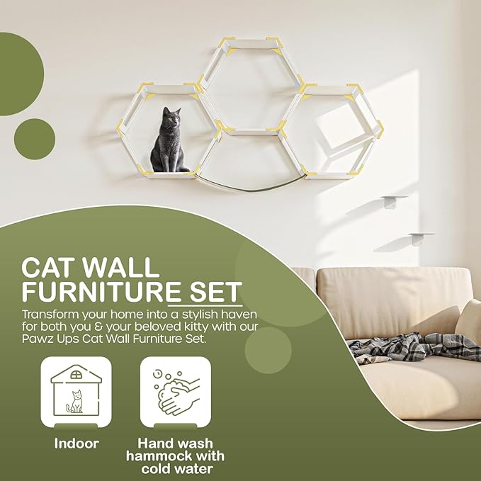 Cat Wall Furniture Set, Wall Mounted Cat Climbing Floating Shelf with Cat Entry Stairs and Hammock, White Perch Hexagons Shelves For Climber Cats, Cat Wall Tree With Window Hammock Bridge Bed