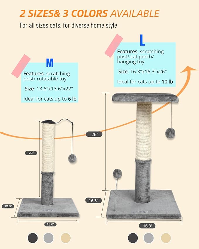 Happi N Pets 26" Cat Scratching Post with Perch, Natural Sisal Scratchers Trees for Indoor Cats, Featuring with Hanging Balls & Cozy Cat Bed, Stable Cat Scratch Posts for Kittens-Light Gray