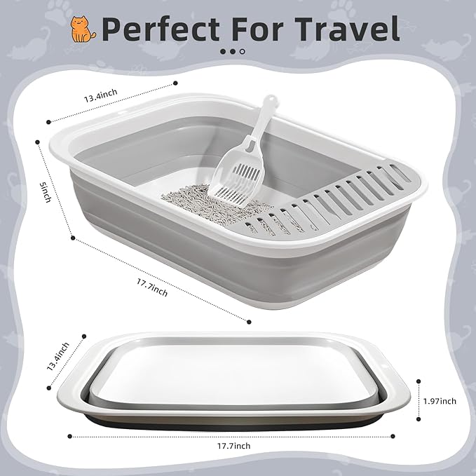 2Pcs Cat Litter Box, Collapsible Kitten Litter Box with Scoop, Open Potty Pan Cat Toilet Portable Cats Litter Box Travel Litter Easy to Clean and Assemble