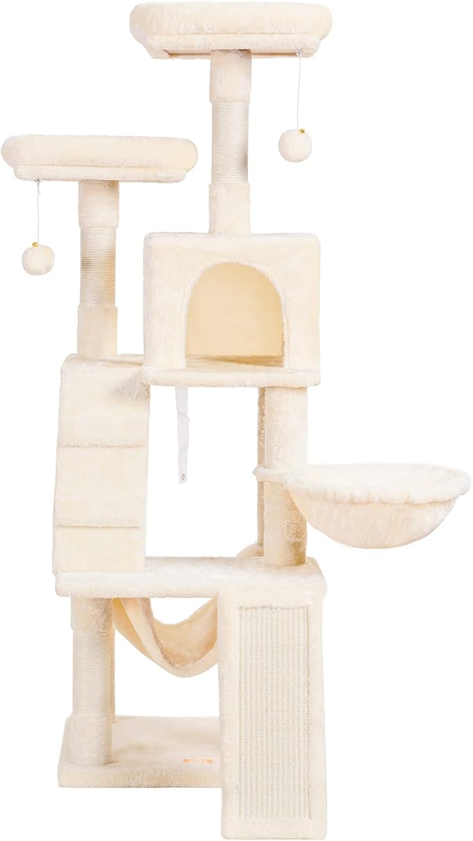 Heybly Cat Tree, Cat Tower for Indoor Cats,Multi-Level Cat Furniture Condo for Cats with Padded Plush Perch, Cozy Basket and Scratching Board Beige HCT014M