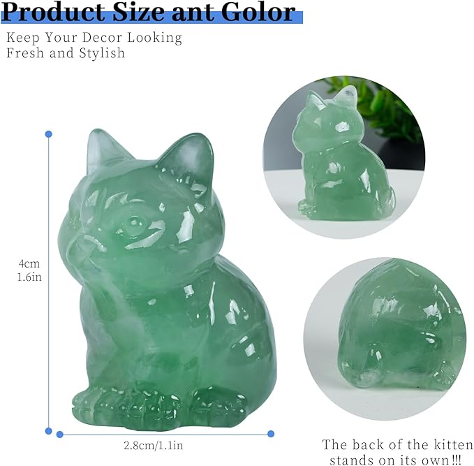 1.6 Inch Crystal Cat Statues, Fluorite Crystal Cat Figurines, Healing Crystal Kitty Figurine Decor, Cute Lucky Cat Statues for Gifts, Handcrafted Crystal Figurines for Home Ornaments