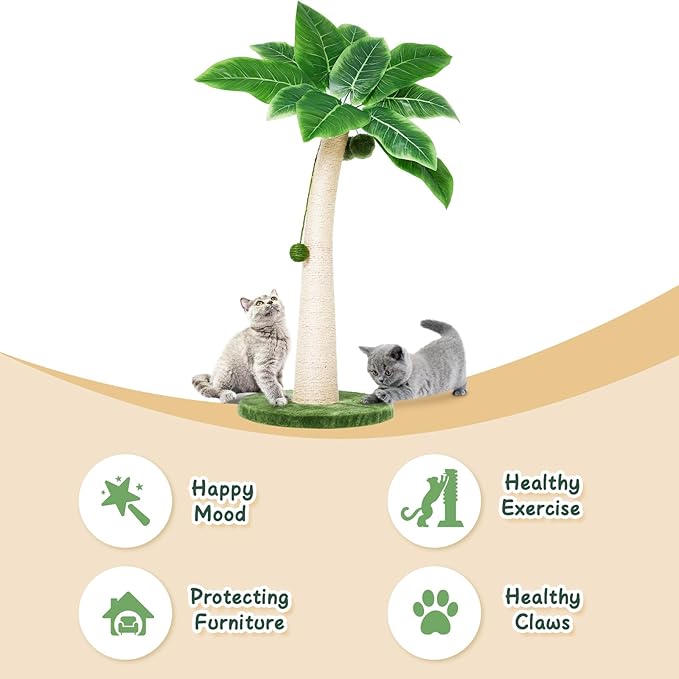 37 Inches Cat Scratching Post, Large Cat Scratching Post, Sisal Scratcher with 3 Hanging Pompoms for Indoor Cats (Short Round Base)