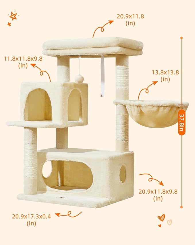 Taoqimiao Cat Tree,37.8-Inch Cat Tower for Indoor Cats,2 Luxurious cat condo with Adjustable Large Hanging Baskets and Large Luxurious Perch Beige MS029M