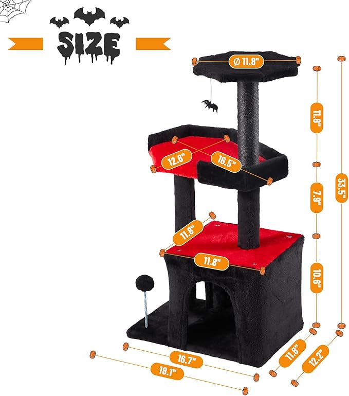 Erinnyees Gothic Cat Tree, Black Cat Tower for Indoor Cats, 33.5" Cat Condo with Scratching Post, Coffin Cat Bed, Small Goth Cat Tree with Spooky Ball for Kittens