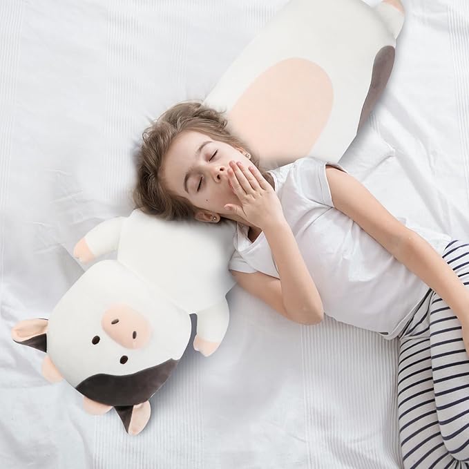 22 inch Milk Cow Stuffed Animal, Soft Long Pillow Doll Cute Cows Plush Hugging Pillow Plushies Toy Gift for Kids, Boys Birthday,Valentine, White