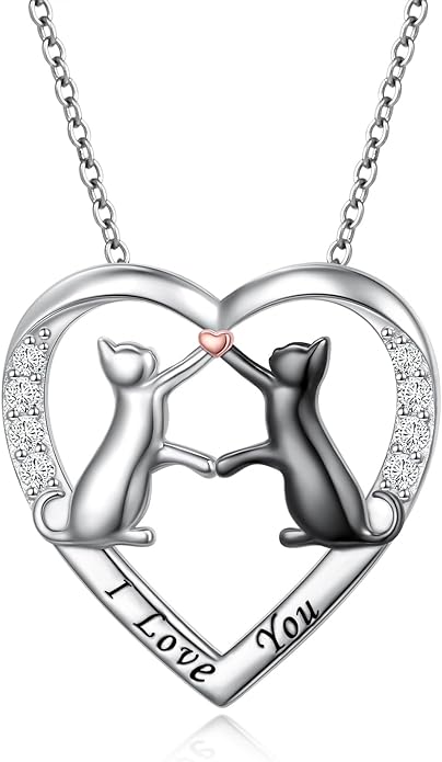 925 Sterling Silver Cat Necklace for Women Small Red Heart Cat Jewelry Pendant Necklace with Cubic Zirconia Dainty Double Cat Necklace Birthday Anniversary Christmas Gifts for Women