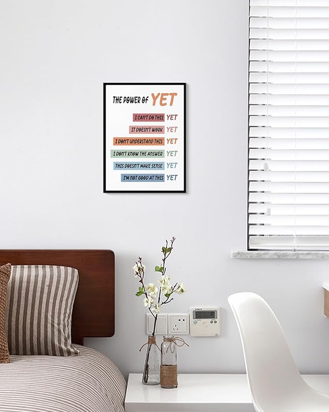 "The Power of Yet" Modern Inspirational Framed Canvas Wall Art, Uplifting 12"x16" Motivational Colorful Wall Decor, Positive Affirmation Encouraging Quote Art Office Classroom Home School