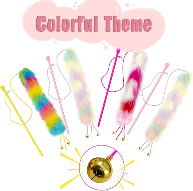 4 Pack Cat Wand Toy, Rainbow Cat Feather Toys with Bells, Cat Teaser Wand with Soft Furry Tail, Interactive Cat Toys for Indoor Cats & Kitten & Kitty