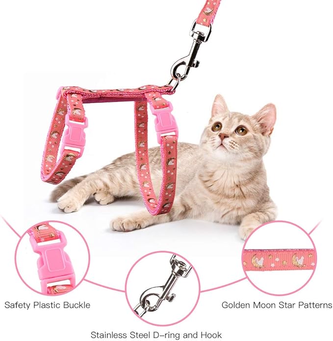 Cat Harness and Leash Set Gold Moons Stars Soft Nylon Escape Proof Adjustable for Kittens Small Animals Glow in The Dark (Pink)