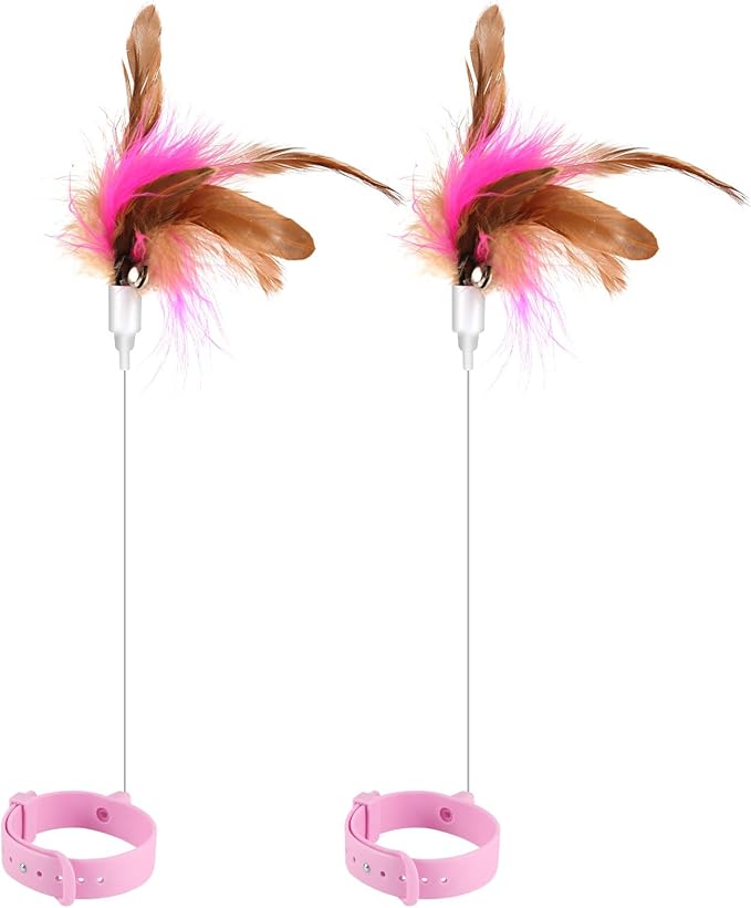 2pcs Cat Teaser Wand Toy, Cat Teasing Wand Collar Silicone Adjustable Cat Wand Toy Feather with Bell Cat Interactive Teaser Toys for Indoor Cat Kittens Playing Exercise (Pink)