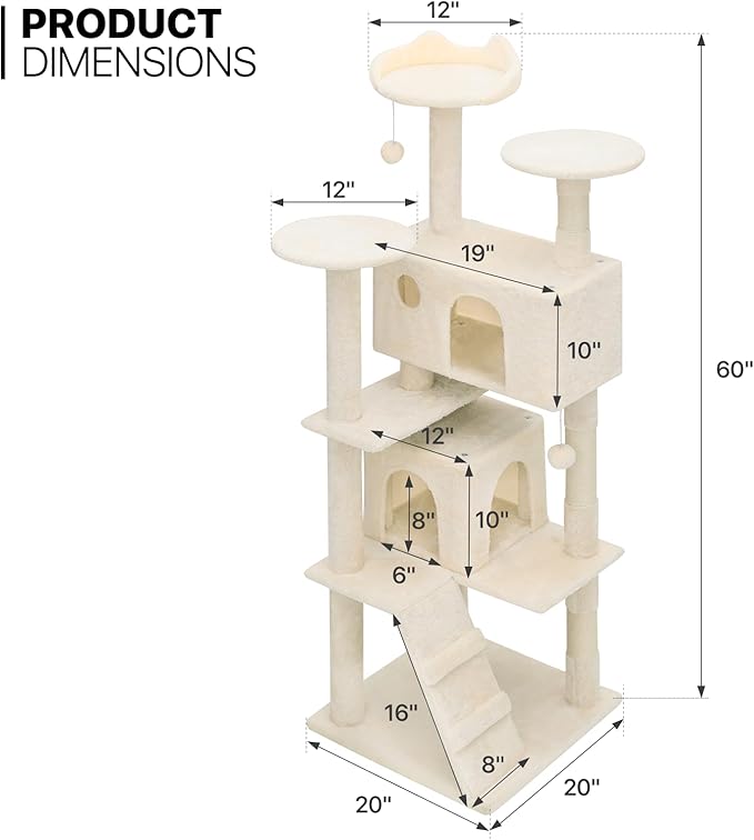 MoNiBloom Cat Tree, 60 Inch Cat Tree Tower with 2 Cat Condo, Cat Tower with Scratching Post, Cat Climbing Tower, Cat Tree for Indoor Cats, Beige