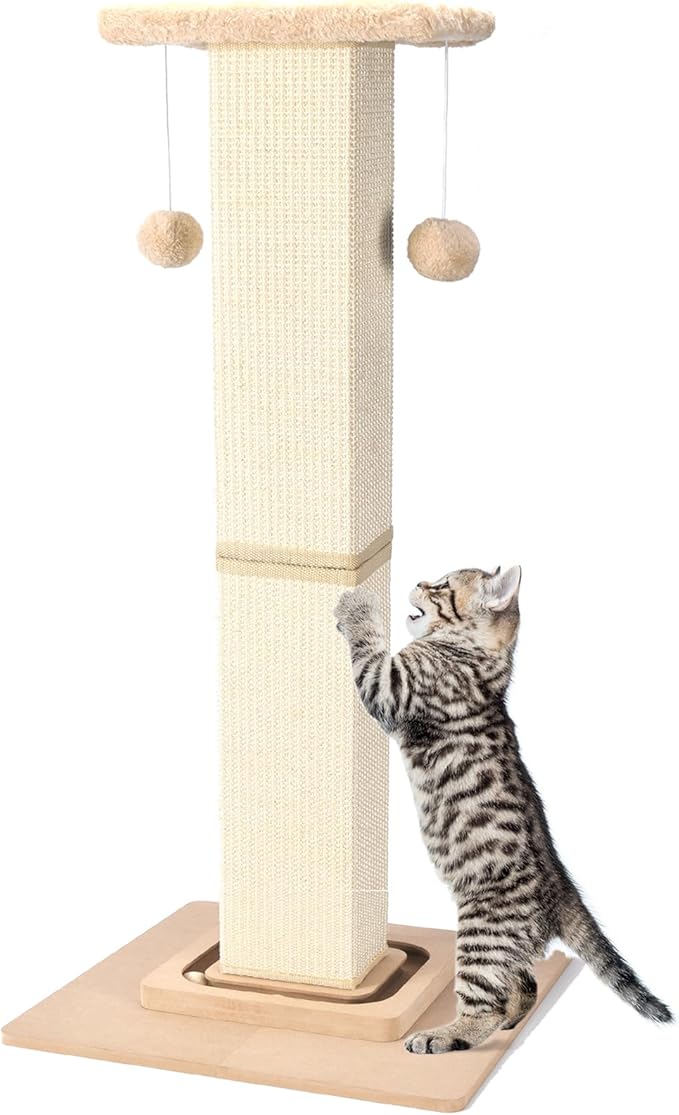 Cat Scratching Post,33 Inches Heavy Duty and Thicker Cat Scratching Posts for Indoor Cats Adults,Tall Cat Scratching Post with Interactive Toys and Hanging Ball, Protect Your Furniture, Beige