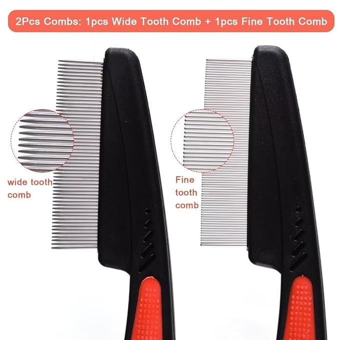 2 Pieces Fine Tooth and Wide Tooth Dog Grooming Comb - Rubber Handle Hair Comb for Small Dogs & Cats with Flea and Tick Removal (2PCS, Black Red)