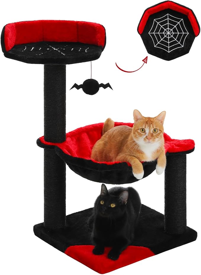 Gothic Cat Tree with Coffin Cat Bed, Spooky Cat Tree with Black Scratching Posts & Halloween Cat Tower & Large Hammock for Small Kittens, Cat Toy Black Bat Included