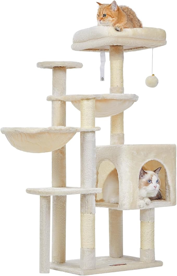 Taoqimiao Gothic Cat Tree, 39.4-Inch Cat Tower for Indoor Cats,Suitable for Kittens,Plush Cat Condo with 5 Scratching Posts, Plush Perch,2 Hammock,Pompoms, MS019M Beige