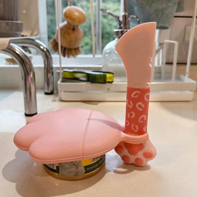 4 Pcs Cat Food Can Spoon & Can Covers | Cute Paw Silicone Pet Food Can Opener Spatula & Can Lids | Stainless Steel Wet Food Spoon for Cats and Dogs(Pink)