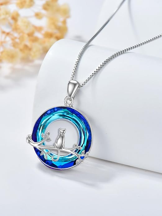 TOUPOP Cat Gifts for Women Sterling Silver Cat Necklaces with Circle Crystal Cat Lovers Jewelry Gifts for Women Girls Birthday Christmas