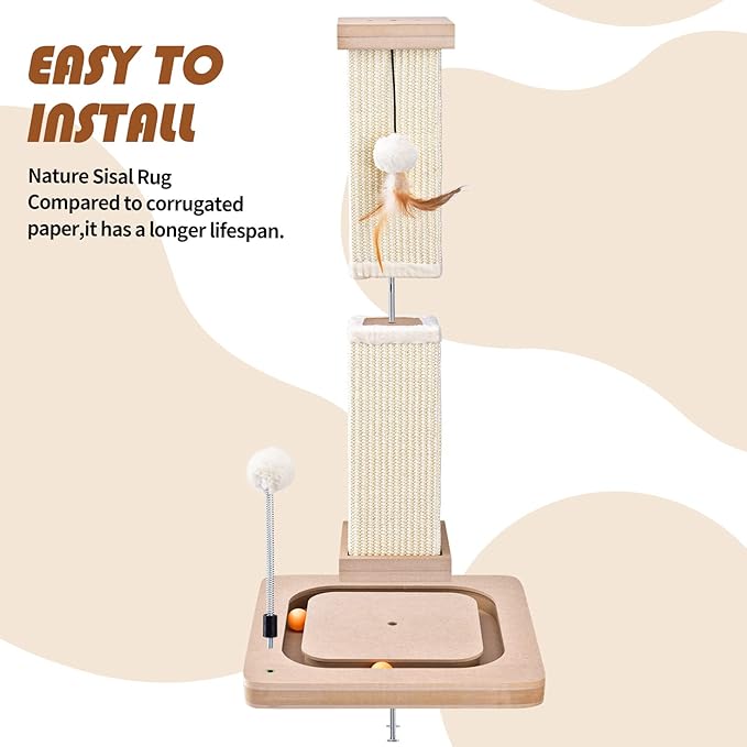 27" Cat Scratching Post, Sisal Cat Scratcher with Interactive Track Balls and Hanging Balls, Vertical Scratching Posts for Indoor Cats and Kittens