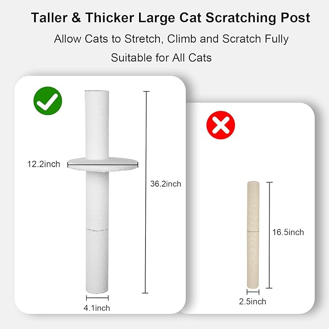 Cat Wall Scratcher, 36.2 Inch Tall Cat Scratching Post for Indoor Cats Adults & Kitten, Durable Sisal Cat Scratch Post with Cat Wall Shelves, 4.1 Inch Large Diameter Sturdy Cat Pole