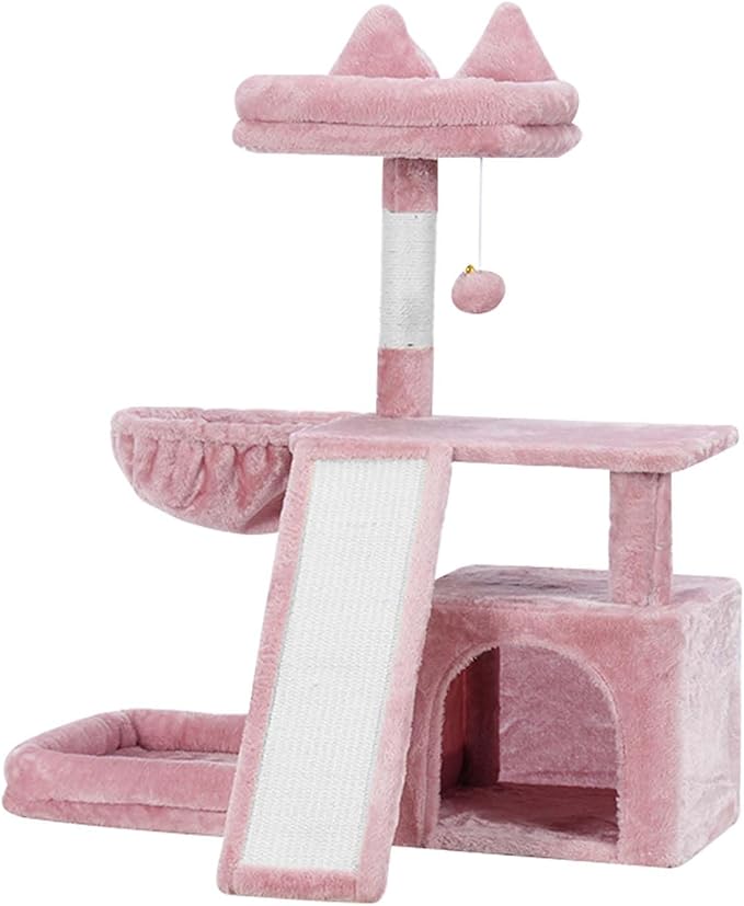 Cat Tree, Cat Tower with condo, Basket, Large Bed, Platform, Scratch Board, Cat Scratching Posts for Indoor Cats, Pink GCT002SP