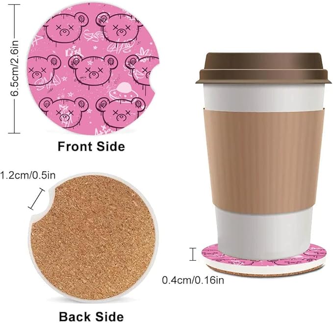 Absorbent Car Cupholder Coaster 2 Pack, Cute Car Coasters with a Finger Notch for Women & Men,2.56" Ceramic Stone & Non-Scratch Cork Base Drink Coasters, Cute Auto Accessories Gifts