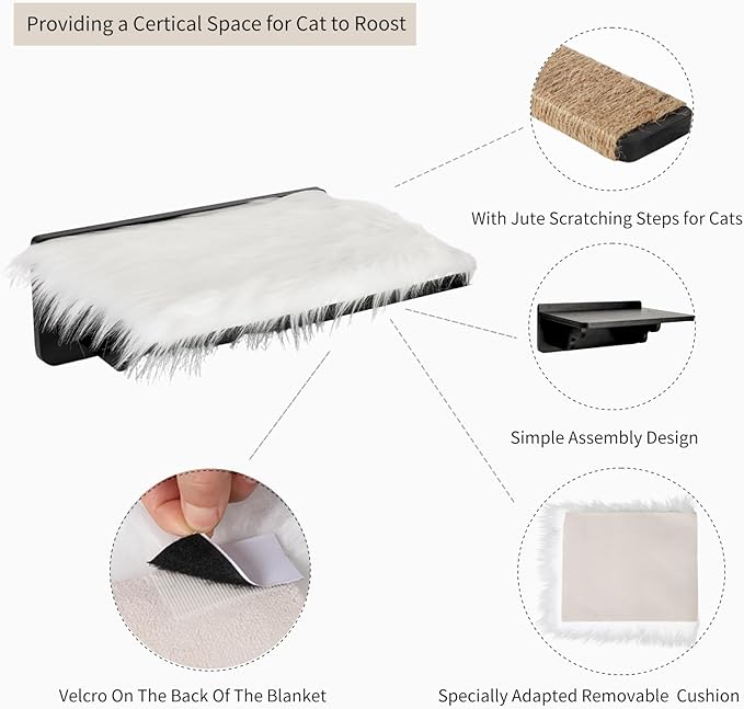 Cat Wall Shelves, Cat Shelves and Perches for Wall, Cat Wall Furniture, Cat Wall Mount Climbing Shelf with 3 Steps Scratch Post, Cat Bed Hammock with Plush Covered for Indoor Cats (Black)