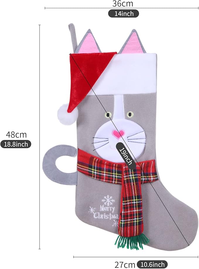 19.5'' Cute Pets 3D Christmas Stocking for Pets cat Xmas Holiday Pet Theme Gift (Gray-cat-Stocking)