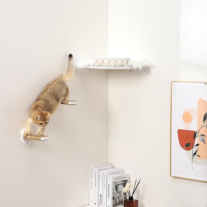 3 Pcs Cat Wall Steps, Cat Shelves and Perches for Wall, Wall-Mounted Cat Climbing Shelf with Hemp Rope Covered, Cat Wall Furniture Steps Set with Scratching Pads for Cats Playing and Climbing (White)