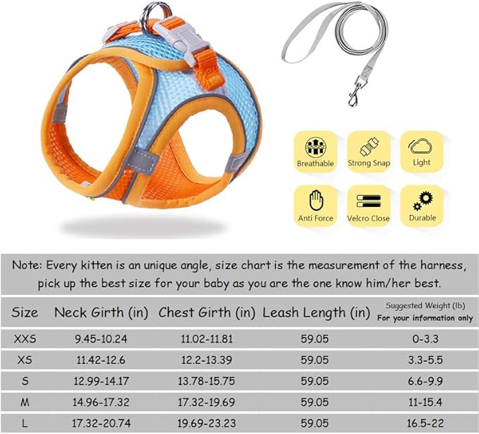 Cat Harness and Leash Set Soft Adjustable Escape Proof Cat Leash Breathable Comfortable Vest Easy to Wear Kitten/Small Dogs Harness for Outdoor Walking Orange M