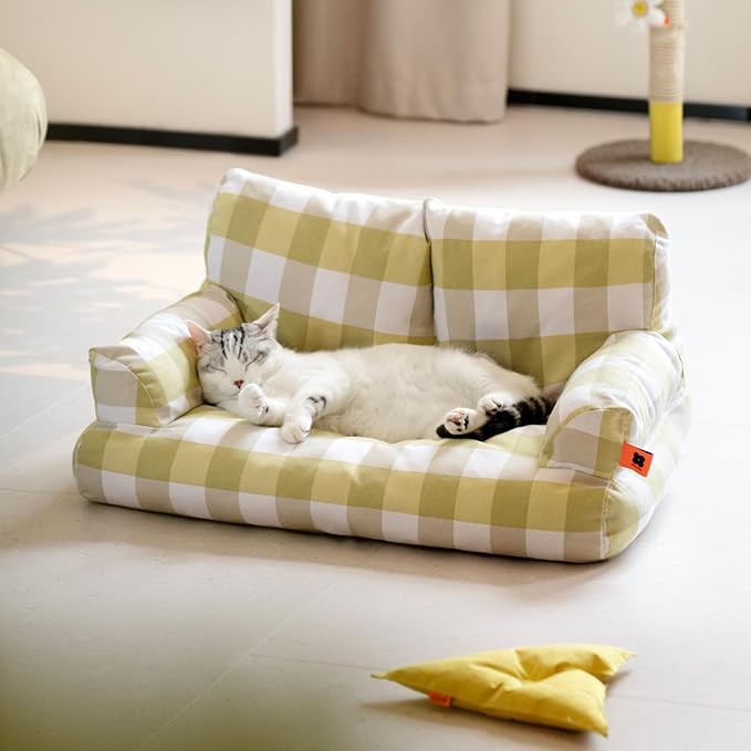 MEWOOFUN Pet Sofa Bed for Medium Pets Cat Couch Cat Bed with 26×19×13 Inch Removable Washable Cover Nonskid Bottom Puppy Couch Pet Bed up to 25 lbs (Yellow & White)