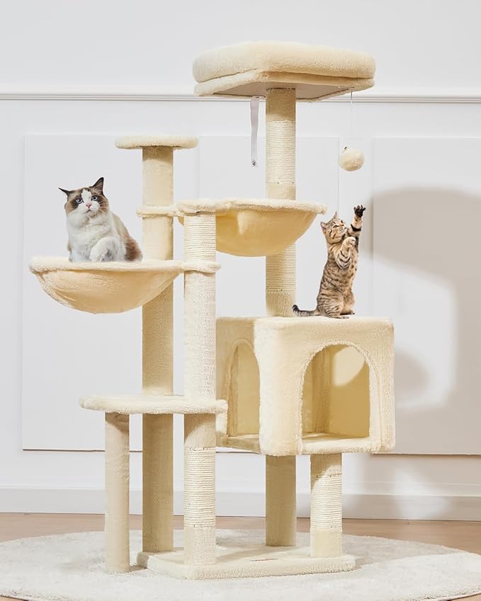 Taoqimiao Cat Tree, 48-Inch Cat Tower for Kittens, Cat Tree Tower with 5 Scratching Posts, Plush Cat Condo with Plush Perch, 2 Hammock, Pompoms, Light Gray MS019L-M