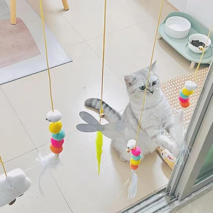 AYWVRBST 6Pcs Retractable Cat Toy with Bell, Hanging Interactive Cat Toy 6 Different Pieces, Cat Chase Practice, Indoor Cat Self-Play Toy, Cat Teaser Toy with Adhesive Hooks