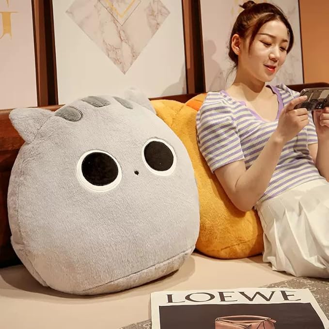 ARELUX 15.7 inch Round Black Cat Plush Pillow Stuffed Animal Cute Plush Toy Squishy Anime Round Black Cat Plushie Fluffy Kawaii Soft Hugging Pillow for Kids Boys Girls