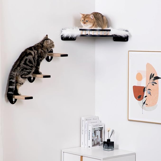 Cat Wall Shelves, Corner Cat Shelf with 3 Cat Wall Steps, Cat Shelves for Wall Large Cats Set, Cat Wall Bed with Plush Covered, Wall Mounted Cat Climbing Shelf for Indoor Cats (Black)
