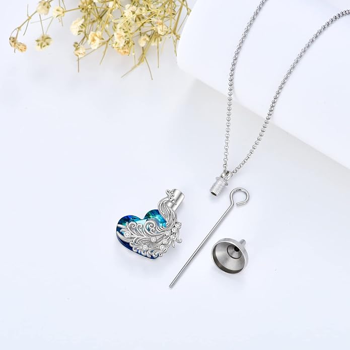 Animal Crystal Urn Necklace For Ashes Sterling Silver Butterfly Dragonfly Bee Phoenix Peacock Hummingbird Fox Angel Wing Pentagram Pentacle Cremation Necklace Heart Teardrop Urn Holder Necklaces For Women Memorial Jewelry