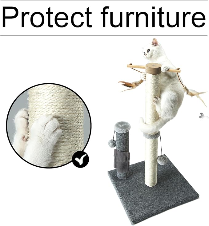 PAWSFANS Cat Scratching Post,Sisal Scratch Posts Vertical Scratcher for Indoor Cats and Kittens,with self Grooming Bursh and Interactive Toys 30 Inches Tall Grey