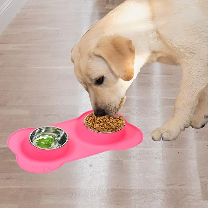 AsFrost Dog Food Bowls Stainless Steel Pet Food Bowls & Dog Water Bowls, Dog Bowls Silicone Mat No Spill Non-Skid Feeding Bowls for Small Size Dog Puppy Cat Food Dish, Pink, 3 Cup/24oz, Set of 2 Bowls