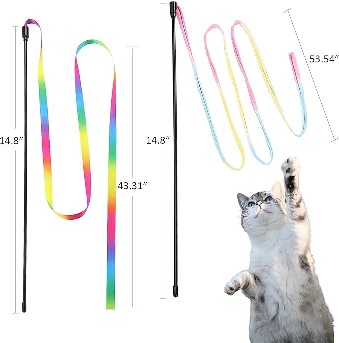 2 Pieces Interactive Cat Rainbow Wand Toys, Kitten Ribbon Toys, Colorful Cat String Teaser Wand - Pet Ribbon Dance Charmer for Cats Kittens Indoor Training Exerciser, Cats Toys for Strengthen Relation