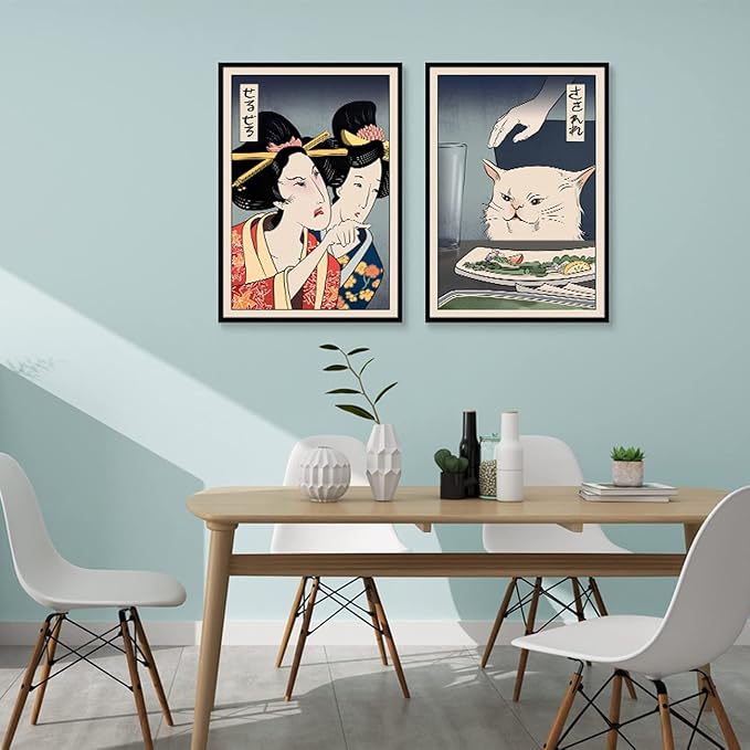 2 Pieces Fun Cute Canvas Paintings Japanese Women Yell at Cats Eat Food Posters and Prints Vintage Wall Art meme poster Pictures Dining Room Wall Decoration Living Room Kitchen Hallway Unframed 8x10 inches……