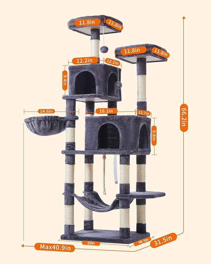 Taoqimiao Cat Tree, 66.2-Inch Cat Tower for Indoor Cats, Plush Multi-Level Cat Condo with 12 Scratching Posts, 2 Perches, 2 Caves, Hammock, 2 Pompoms, Smoky Gray MS013G