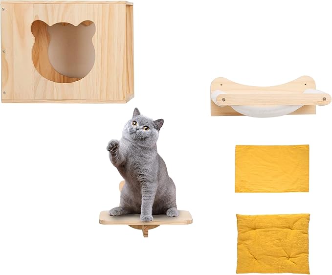 WONFUlity Cat Shelves and Perches for Wall, Cat Hammock Wall Mounted Cats Shelf and Climbing Shelf with Sisal Scratching and Climbing Bridge Step Modern Cat Bed &Cat Furniture