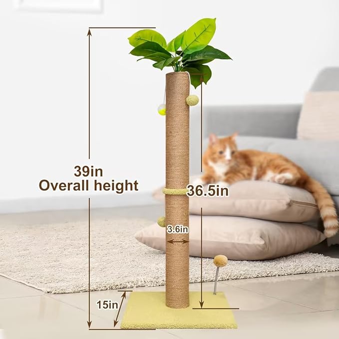 39 inch Tall Cat Scratch Post for Indoor Cats with Natural Sisal Rope and Hanging Ball Scratcher Post Tree Kitten and Large Adult Cat Interactive Toy-Leaf