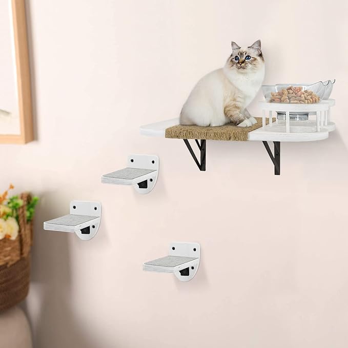 Cat Wall Shelves with 3 Steps, Cat Shelves and Perches for Wall, Cat Wall Furniture Set, Cat Climbing Shelves Cat Wall Shelf with 2 Cat Food Shelf and Plush Covered, Gift for Cat