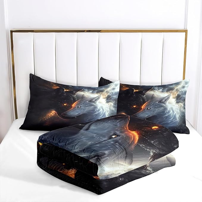 Animal Print Comforter Set Full Wolf Bedding Set for Boys & Kids Soft Lightweight Down Comforter with 2 Pillowcases