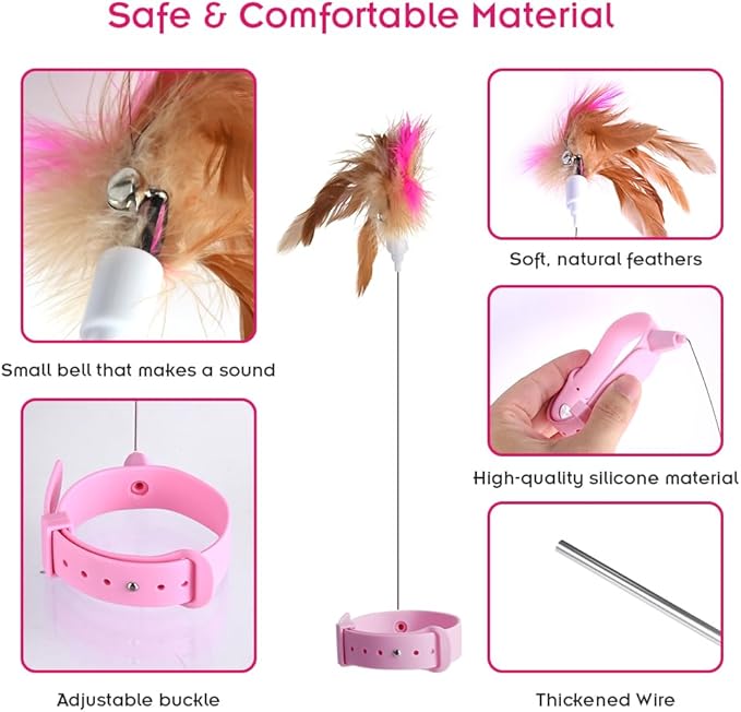 Abnaok Cat Feather Collar Toys, Interactive Cat Toys for Indoor Cats Teasing Wand Collar Funny Cat Toy with Bell and Replaceable 3 Feathers Refills Multiple Ways for Cats to Play