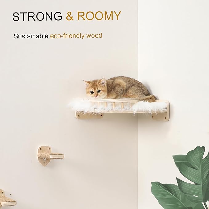 Cat Wall Shelves, Cat Shelves and Perches for Wall, Corner Cat Shelf with 3 Steps Scratch Post, Cat Bed Hammock with Plush Covered, Climbing Shelf for Indoor Cats (Wood)
